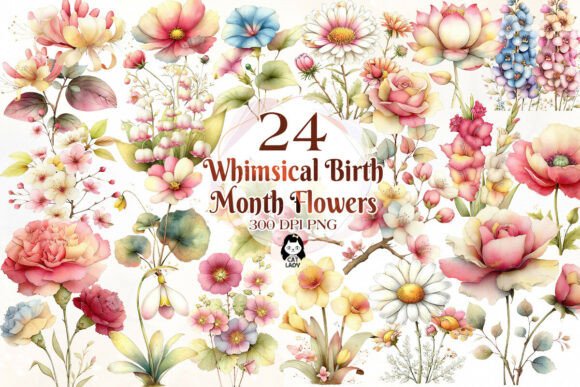 Download Whimsical Birth Month Flowers Clipart - Birth month Collection