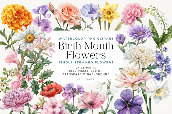 Download Single Stem Birth Month Flowers Cliparts - Birth month Collection
