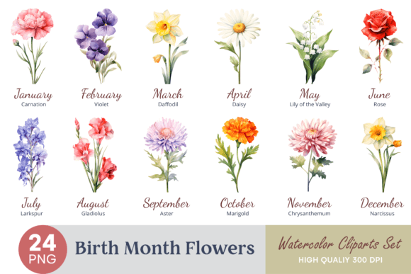 Download Birth Month Flower Watercolor Clipart - Birth month Collection