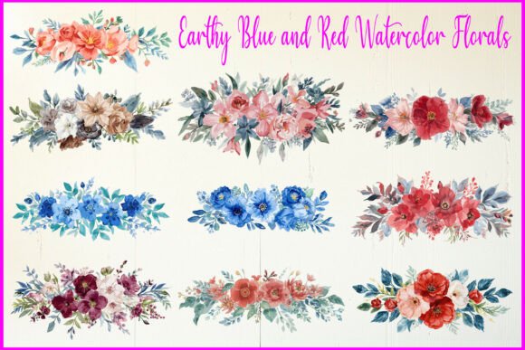 Download Earthy Blue and Red Watercolor Floral - Earthy Collection