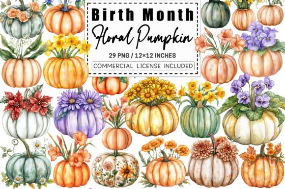 Download Birth Month Floral Pumpkin Clipart. - Birth month Collection
